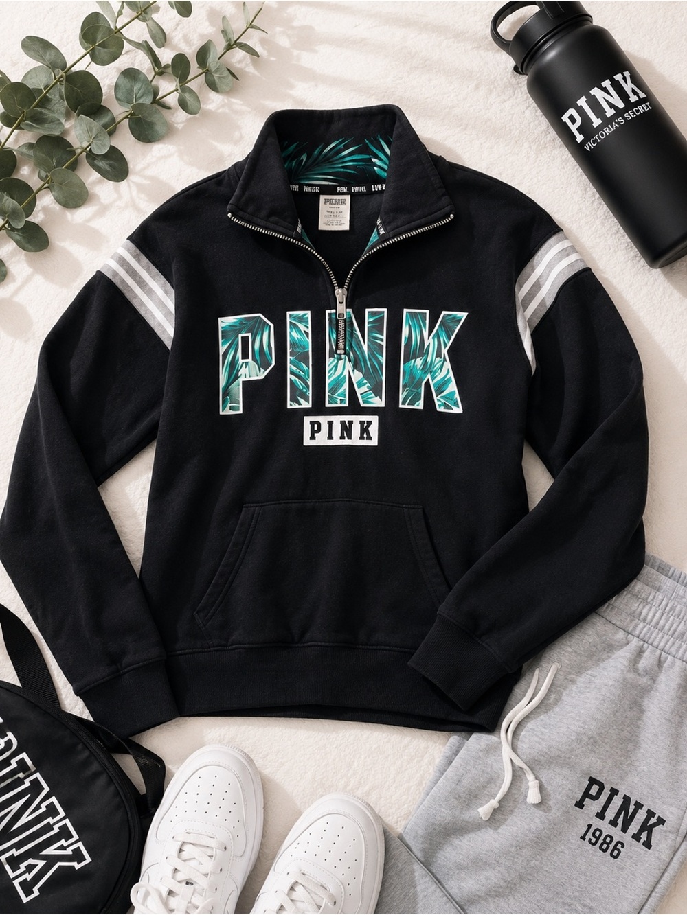 PINK Victoria’s Secret Palm Logo 1/4 Zip Sweatshirt XS